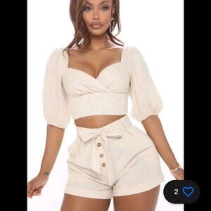 Fashion Nova Mimosa & Chill Linnen Like Crop Top And Short Set In Ivory - Large